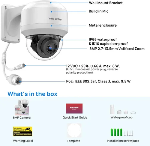 Miniatura 8 de VIKYLIN Cámara 4K PTZ para exteriores 8MP IP POE con audio de 2 vías, zoom óptico Pan Tilt 5X/Cámara PTZ de seguridad de lente de 2.7 ~ 0.531 in