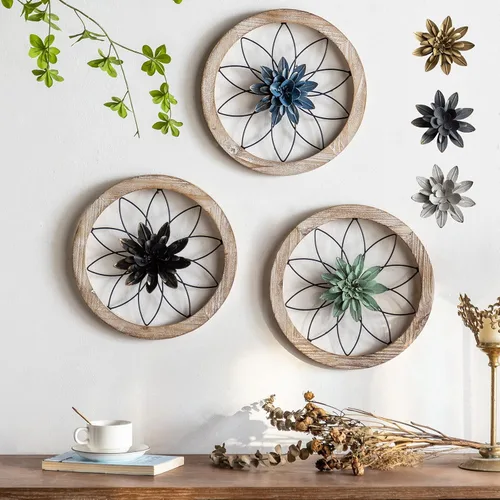 Paquesta Decoración de Pared de Granja Redonda de 3 Piezas con 6 Flores Intercambiables de 12'' Medallón de Madera y Metal Arte de Pared Rústico