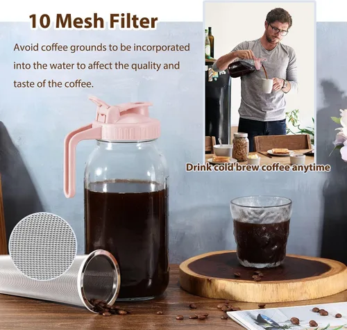 Miniatura 4 de Glyntrof Jarra para Preparar Café Frío, Rosa 64 Oz Frasco Mason de Vidrio Resistente de Boca Ancha con Tapa de Pico Vertedor con Filtro de Acero