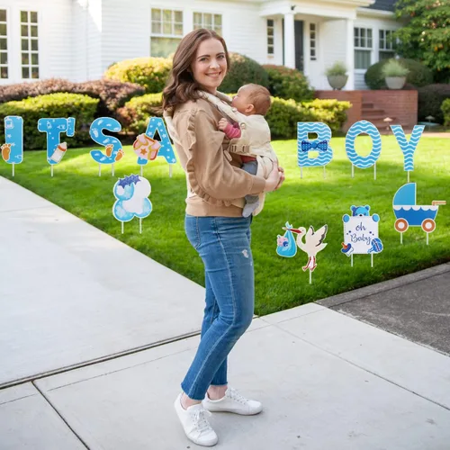 11 letreros grandes con estacas con diseño de texto en inglés "It's A Boy", color azul, decoración de revelación de género para baby shower, letrero