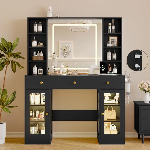 Escritorio de maquillaje con espejo y luces, tocador negro de 43 pulgadas con parte superior de cristal, almacenamiento de joyas, 3 cajones y