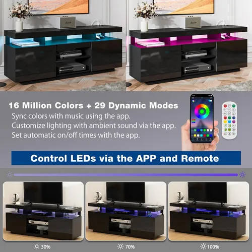 Miniatura 4 de HOMMPA Soporte de TV LED de 70 pulgadas con tomas de corriente, moderno centro de entretenimiento con luces LED para sala de estar, gabinete Negro
