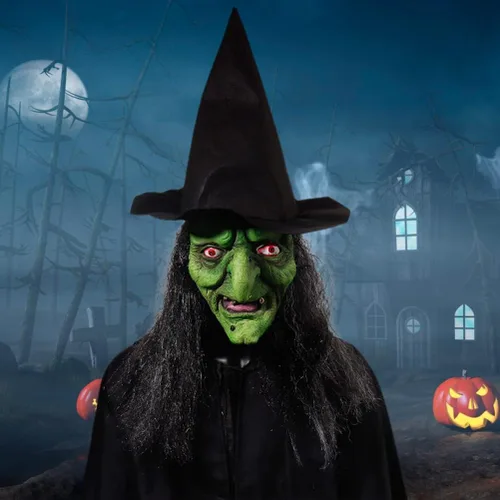 Miniatura 3 de Máscara de bruja vieja de Halloween, color verde aterrador, máscara de bruja espeluznante con sombrero para el pelo, accesorio para cosplay, disfraz
