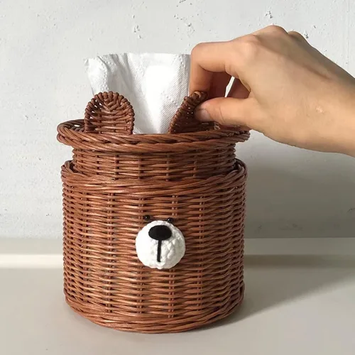 Miniatura 2 de Lindo oso tejido ratán cuadrado caja de pañuelos titular para cocina, baño, coche Soporte decorativo de mimbre recargable dispensador de Marrón