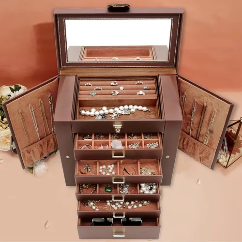 Miniatura 7 de AKOZLIN - Organizador de joyas grande de 6 niveles, con cerradura, funcional y enorme, con 5 cajones, de cuero, para mujeres y niñas, para anillos