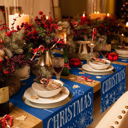 Miniatura 4 de Camino de mesa de Navidad de 48 pulgadas de largo, diseño de arpillera y algodón para cocina, redondo, cuadrado, boda, café, mesa de comedor, Copo