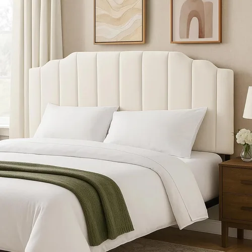 Cabecera tapizada de altura ajustable, cabecera de terciopelo crema, diseño moderno de canal vertical con borde superior de silueta escalonada Beige