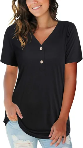 LAISHEN Remera de manga larga y corta para mujer, diseño Henley informal de cuello en V, con botones, estampado de camuflajeleopardo, holgada, tipo