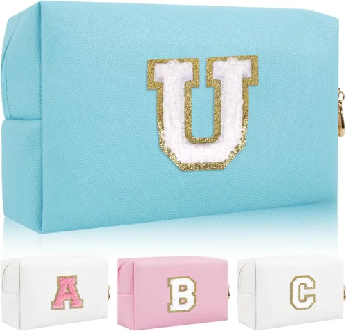 Miniatura 11 de Bolsa de maquillaje con parche de letra inicial personalizada, bolsa de cosméticos de chenilla preppy con letra de chenilla con cremallera, Y