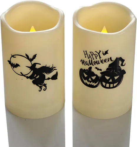 Velas de pilar sin llama de Halloween al aire libre con temporizador diario automático, luces LED eléctricas parpadeantes realistas con calcomanías