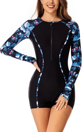 Miniatura 22 de ECUPPER Traje de baño de una pieza de manga larga para mujer, con cierre Boyleg, protector de erupción, cobertura de traje de baño de surf, traje