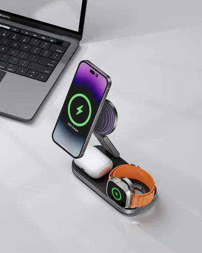 Miniatura 9 de Estación de carga inalámbrica 3 en 1 para dispositivos Apple, soporte de cargador rápido magnético plegable compatible con MagSafe para iPhone negro