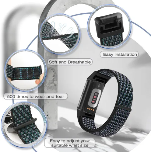 Miniatura 5 de Correas de nailon para reloj deportivo compatibles con Fitbit Charge 6/5, correa de muñeca ajustable, transpirable, de repuesto, suave, de bucle