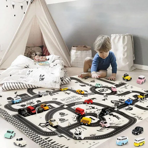Miniatura 6 de Alfombra de juego para niños, tráfico, rutas de carretera, escena de la ciudad, mapa, modelo, coche, juguete, almohadilla de juego