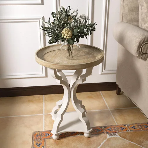 Miniatura 2 de Mesa auxiliar rústica de granja, mesa auxiliar con bandeja natural para familia, comedor o sala de estar, acabado artesanal, moderna, color blanco