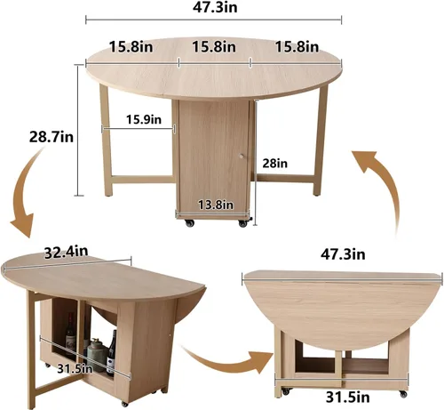 Miniatura 3 de COMUHOME Mesa de comedor plegable redonda de 47.3 pulgadas para 4-8, mesa de comedor plegable de madera para cocina, mesa de comedor grande con Mesa
