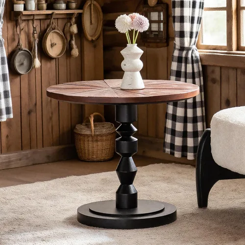 Miniatura 12 de Framhose - Mesa auxiliar redonda, mesa auxiliar pequeña con parte superior de madera y base negra, mesa de pedestal para sala de estar, esquinas