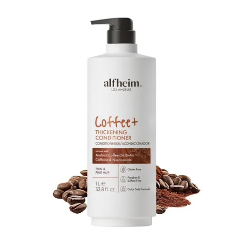 ALFHEIM Coffee+ Acondicionador espesante para cabello fino, fino y débil con cafeína, biotina y aceite de café arábica, fórmula fortalecedora,