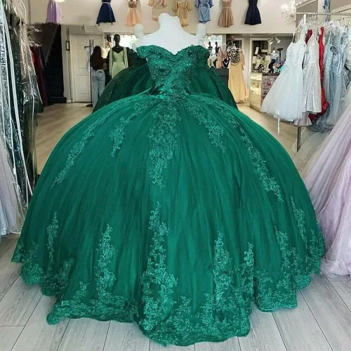 Miniatura 2 de Youjiayi Vestidos de quinceañera de princesa con hombros descubiertos, de encaje hinchado, de tul dulce 16, con tren, lazo grande, vestidos largos