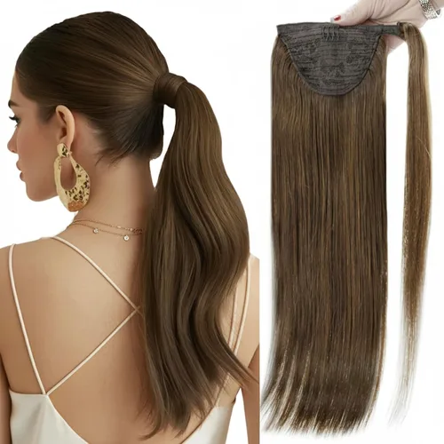 Miniatura 16 de Full Shine - Extensión de cola de caballo con clip, color marrón oscuro con mechas rubio miel, extensión de cabello humano real para mujeres, 14