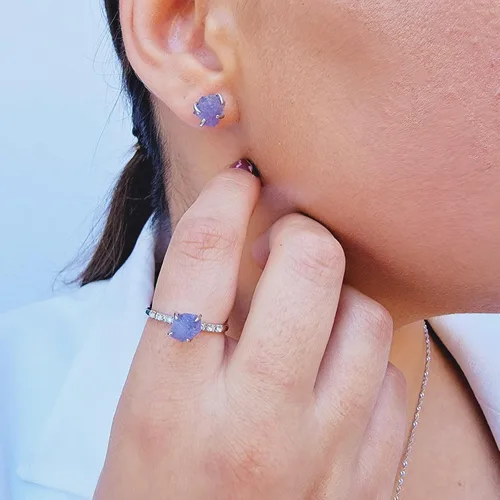 Miniatura 169 de Natural raw gemstone stud earrings with white gold over 925 sterling silver, 6 to 7mm rough genuine quality birthstone gift for her, Uniquelan
