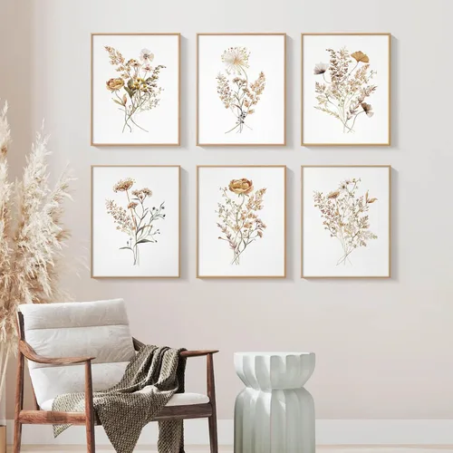 Miniatura 6 de Juego de 6 arte de pared de flores de acuarela con diseño botánico de flores silvestres, arte de pared en lienzo neutro bohemio, impresiones