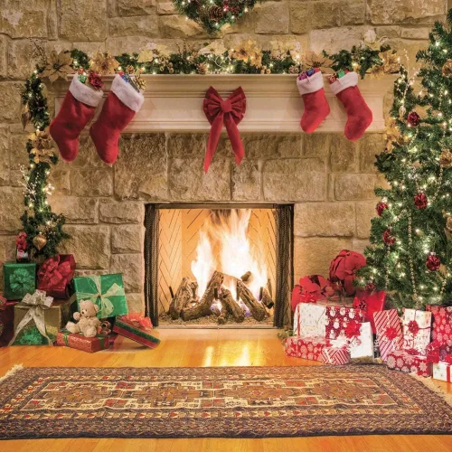 Miniatura 10 de Telón de fondo de chimenea de Navidad de 7x5 pies, telón de fondo de Navidad con árbol y calcetín, decoraciones para suministros de fiesta