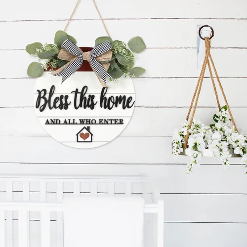 Miniatura 6 de TOARTi Letrero 3D de madera "Bless This Home" para colgar en la puerta, señal de bienvenida para porche y pared con lazo-nudo y guirnalda, señal