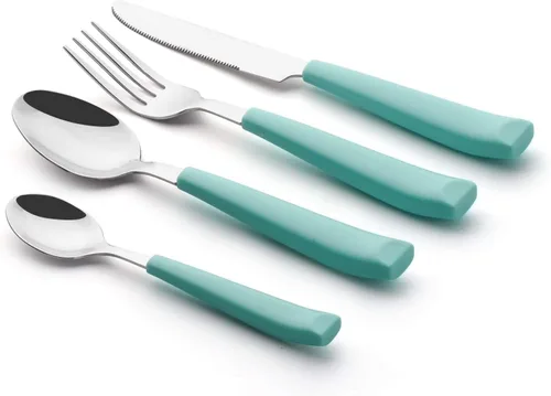 Miniatura 3 de ANNOVA Juego de cubiertos de acero inoxidable con mango colorido, utensilios de cocina, incluye cuchillos, tenedores, cucharas y cucharas de postre