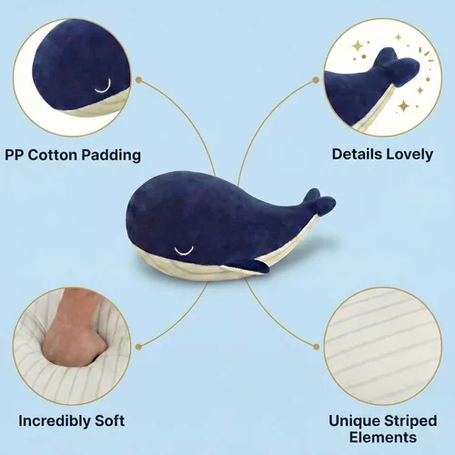 Miniatura 3 de Almohada de felpa de animales de peluche de ballena, 4 tamaños, lindas almohadas de peluche de algodón suave, estilo kawaii de ballena azul, regalos