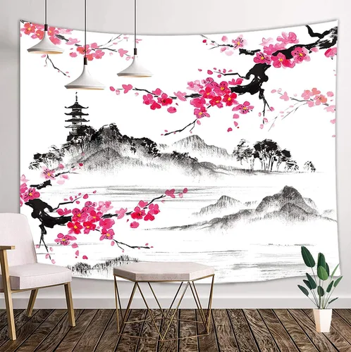 Miniatura 16 de Tapiz de cascada de bosque, flores de paisaje natural, tapices para colgar en la pared para hombres y niños, decoración de arte de pared, decoración