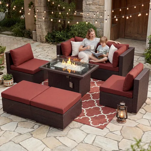 Miniatura 39 de BULEXYARD Juego de muebles de patio de respaldo alto de 7 piezas con mesa de fogata de combustible dual propano/gas natural, sofá seccional