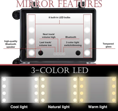 Miniatura 5 de Estuche de maquillaje rodante con espejo de luz LED, patas ajustables, mesa de tren con cerradura, estudio, artista, cosmética, tamaño de mano