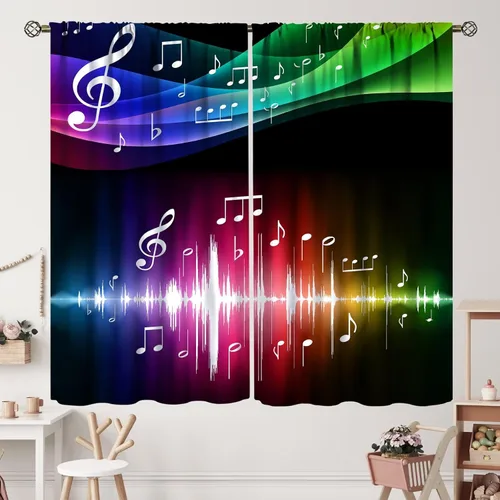 Miniatura 40 de Cortinas de notas musicales, rústicas, mágicas, notas musicales, arte retro, piano y violín, cortina con bolsillo para barra para dormitorio, sala