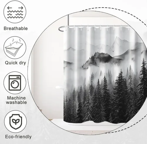 Miniatura 6 de Cortina de ducha pequeña en blanco y negro, juego de cortina de ducha de bosque brumoso para baño, impermeable, decoración de baño de montaña