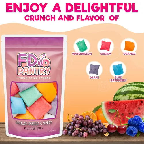 Miniatura 3 de Dulce Crujiente de Air Taffy Liofilizado - Variedad de Sabores de Frutas, 3.5 oz Fresa, Melón, Cereza, Frambuesa, Naranja, Uva, Misterio Snack