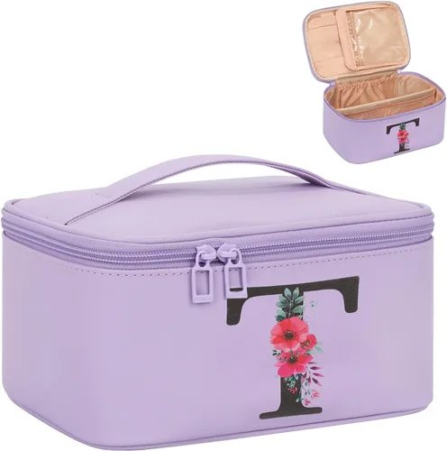 Miniatura 22 de OCHEAL Bolsa de maquillaje personalizada, bolsa de maquillaje beige para mujer, kit de aseo de viaje con monograma, organizador de cosméticos listo