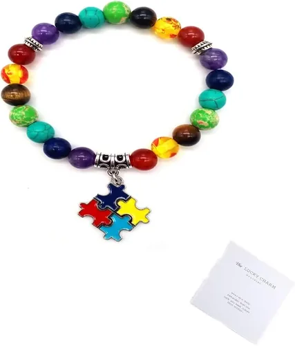 Miniatura 2 de Pulsera con cuentas de piedra natural de 7 chakras para concientización sobre el autismo, corazón y cinta cruzada, rompecabezas redondo, cordón