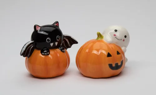 Miniatura 6 de Juego de salero y pimentero de cerámica fina para Halloween, casper y murciélago en calabaza, 3-1/8 pulgadas de largo