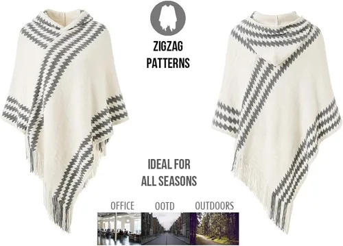 Miniatura 3 de Ferand Suéter poncho de punto con capucha y rayas en zigzag para mujer con flecos