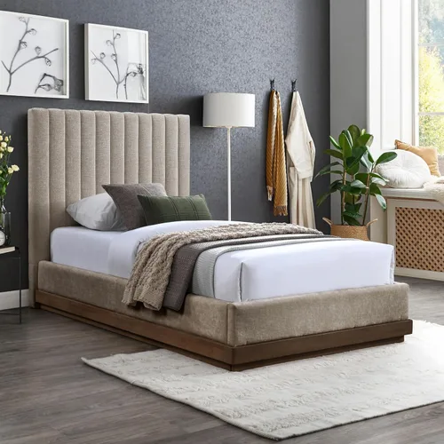 Miniatura 2 de Meridian Furniture B1245Beige-T Emmet Collection Modern Cama individual contemporánea con tela de felpilla beige suave, acabado de nogal, base