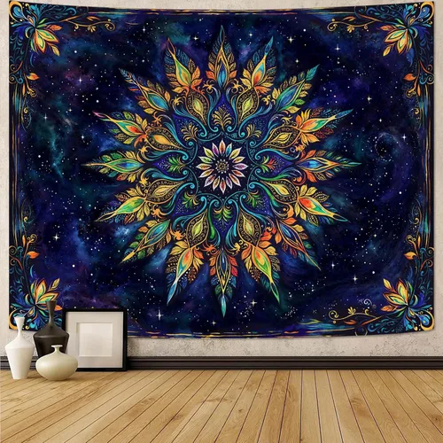 Miniatura 19 de Fowocu Tapiz bohemio con mandala floral para colgar en la pared, medallón de flores bohemias, tapiz estético, beige, naranja, hippie, indio, pequeño