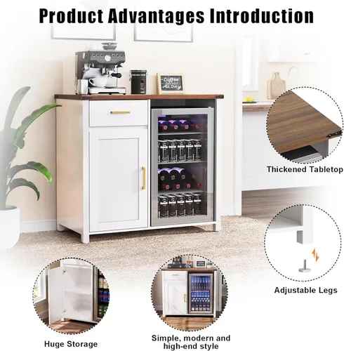 Miniatura 7 de GDLF Barra de café con espacio para mini nevera, soporte de gabinete para mini nevera, gabinete para licores y vinos para dormitorio, cocina u Blanco