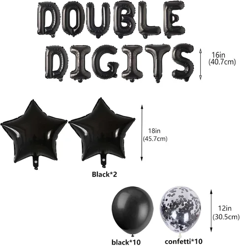 Miniatura 5 de Decoraciones de cumpleaños número 10 para niños, decoración negra de papel de aluminio de doble dígito, pancarta negra número 10 con globos