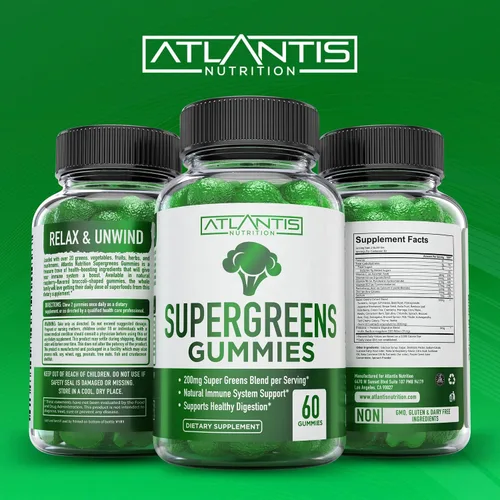 Miniatura 6 de Atlantis Nutrition Supergreens Gomitas - Suplemento diario de superalimentos verdes con espinacas, brócoli, moringa, remolacha, apio, té verde