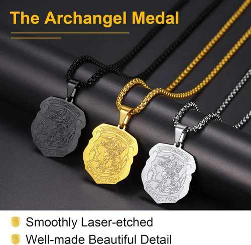 Miniatura 6 de ChainsPro Collar de San Miguel para hombre con oración completa, medallón de arcángel de protección, cadena de 55+2.0 in ajustable, acero inoxidable