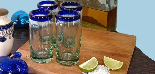 Miniatura 5 de Specialty - Vasos de tequila mexicanos, soplados a mano con color y textura únicos, juego de 4 piezas (borde azul)