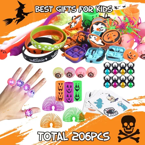 Miniatura 6 de Recuerdos de fiesta de Halloween para niños, 206 golosinas de Halloween sin dulces, juguetes surtidos de trucos o tratos, premios de aula, regalos