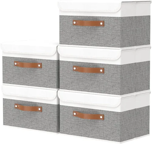 Miniatura 8 de OUTBROS Caja de almacenamiento plegable grande con tapa, organizador de armario de tela de lino, contenedores para toallas, ropa, 15 x 9.8 x 9.8