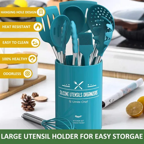Miniatura 7 de 15 piezas de utensilios de cocina de silicona Umite Chef - Juego de herramientas de cocina resistentes al calor de 446°F con mangos de acero Azul